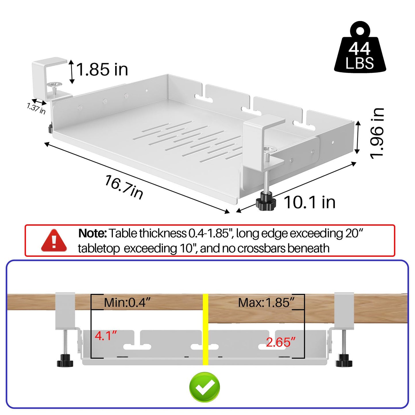 BYMECOST No Drill Under Desk Storage Shelf, Metal Under Desk Drawer Organizer with Clamp, Mount Under Desk Shelf Adds Tray, Desk Drawer for Office Desks, Table, Gaming Desk, Workstations (White)