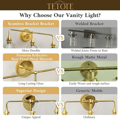 TETOTE 3-Light Modern Bathroom Light Fixtures, 3 Light Vanity Lights Over Mirror Gold Wall Lamp with Clear Glass for Bathroom, Mirror, Living Room, Bedroom, Hallway