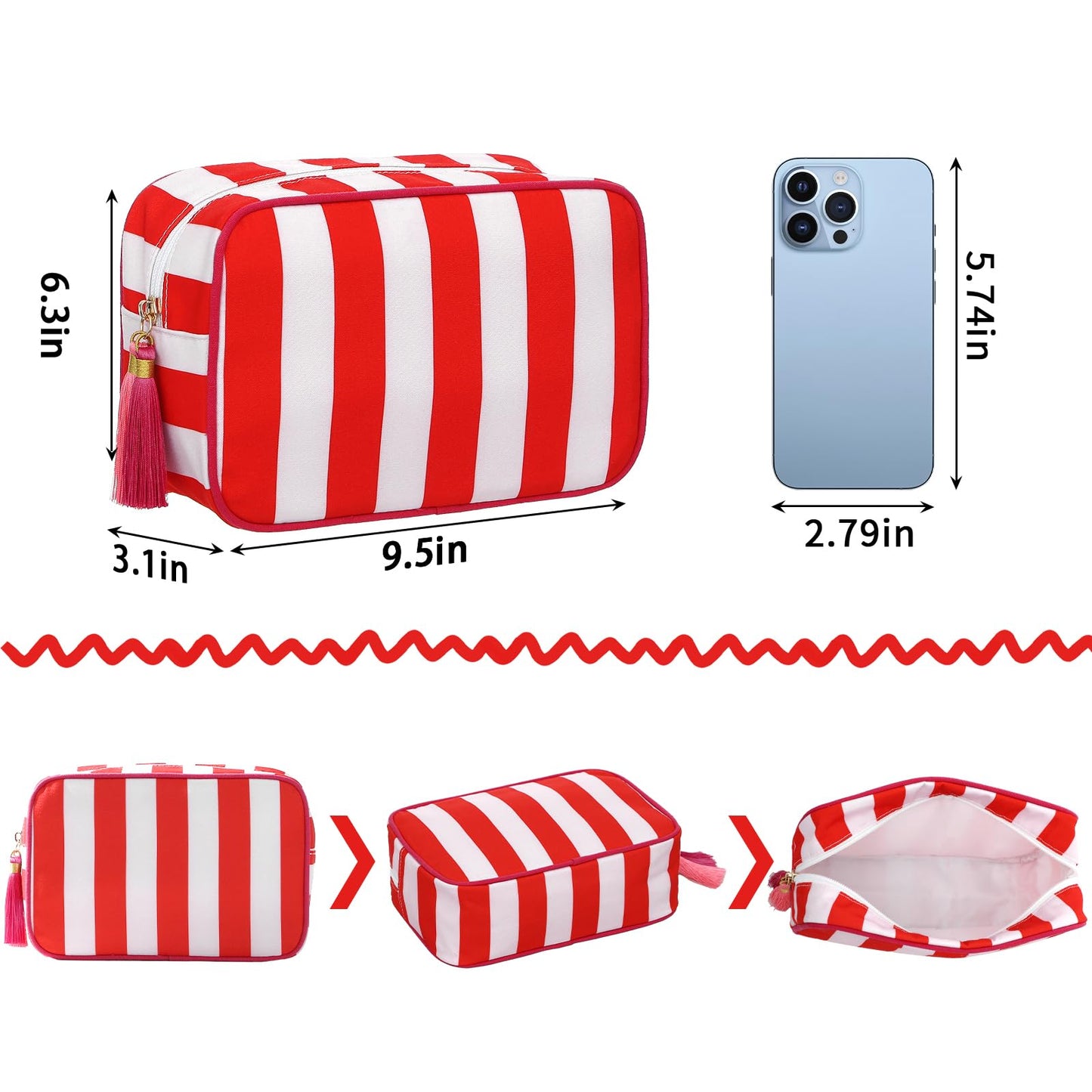 EMBRUNIOICE Stripe Makeup Bag Travel Cosmetic Bag Organizer Tassel Toiletry Bag Large Canvas Zipper Pouch and Accessories Storage Bag for Women (Red with Pink)