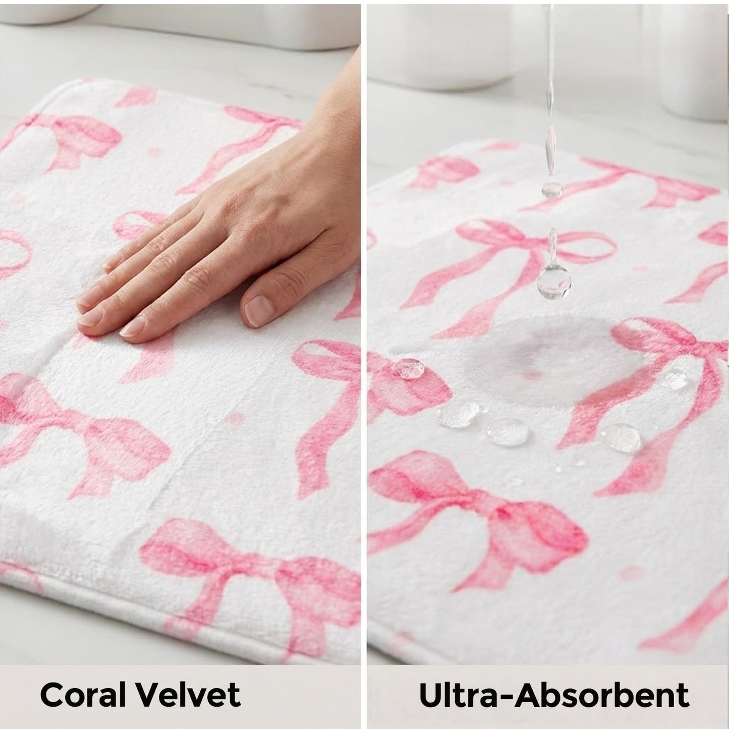 HAIWAOO Memory Foam Bath Mat with Pink Bow Pattern, Comfortable, Soft, Non-Slip, Super Absorbent, Quick Drying Bath Rug for Bathroom,Floor, Tub & Shower, Machine Washable (32INX20IN, Bow)