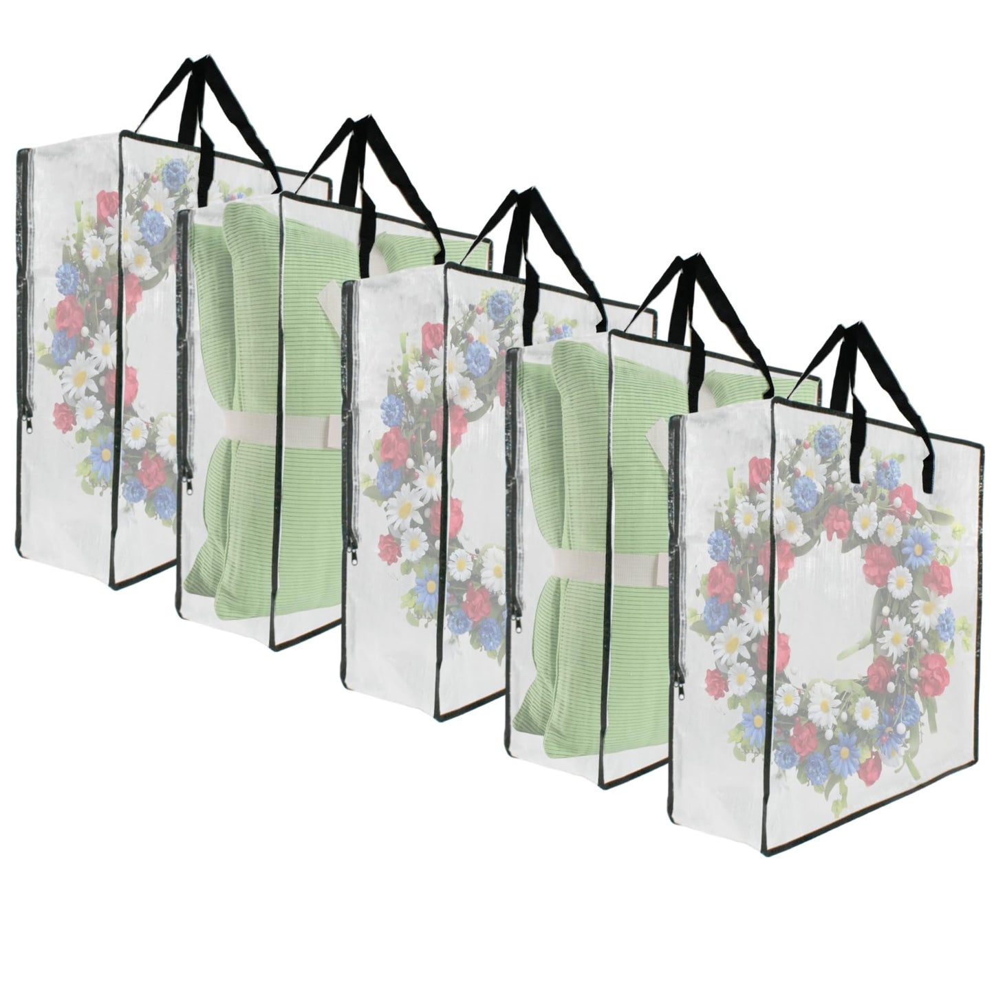 5 Pack Moving Bags, Wreath Storage Bag, Garland Container, Clear Storage Bags with Handles and Zippers Moving Bag for College Carrying, Bedding, Toys Organizer, Under the Bed Storage