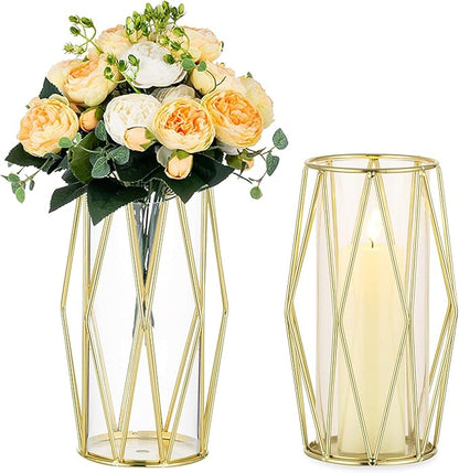 Nuptio Gold Pillar Candle Holder: 2 Pcs Glass Hurricane Candles Holders with Geometric Metal Rack Stand for Wedding Birthday Party Centerpieces - Decorative Flower Vase for Office Living Room