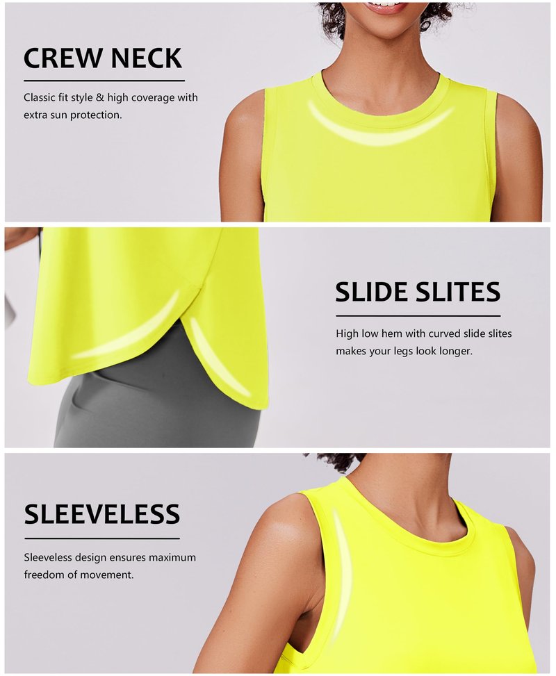 PINSPARK Womens Workout Tops Quick Dry Athletic Tank Top UPF 50+ Sleeveless Running Shirts with Side Slits Lightweight Yoga Top, Neon Yellow Large