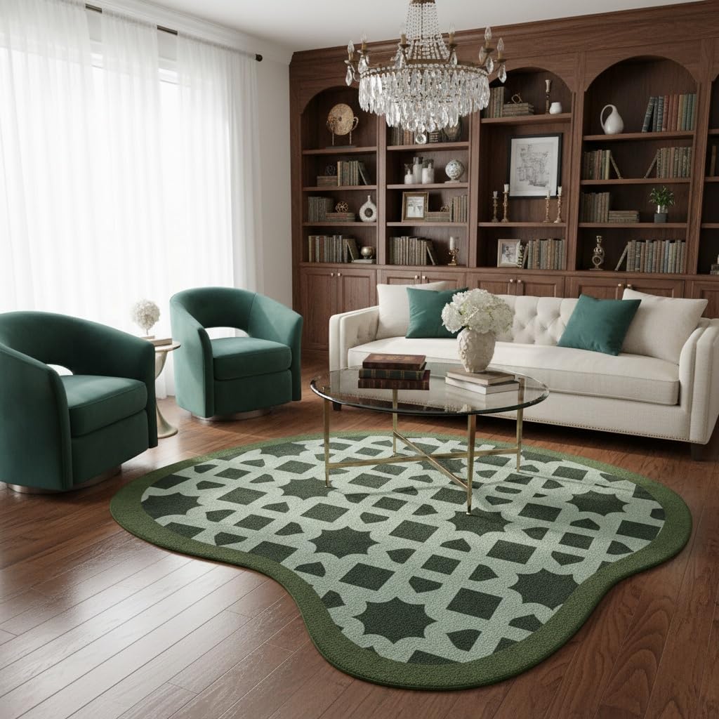 Navy Blue Beige Green Irregular Shaped Rug Modern Abstract Unique Geometric Pattern Art Deco Area Rug for Living Room Bedroom Kitchen Non Slip Stain Resistant Under Dining Table Floor Rug 3ft