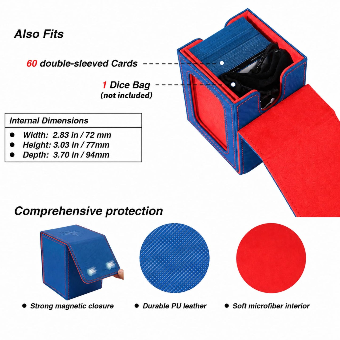 Venssu MTG Deck Box for Commander Display,Card Deck Boxes Fits 100 Double Sleeved Cards, TCG Card Storage Box (Blue and Red, 1 window)