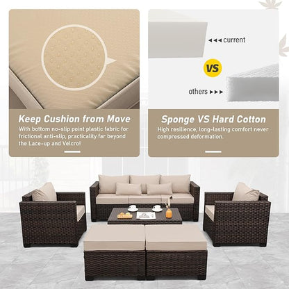 Wicker Patio Furniture Set 6 Pieces Outdoor Furniture Chairs and Couch Storage Table Anti-Slip Cushions and Waterproof Covers, Khaki