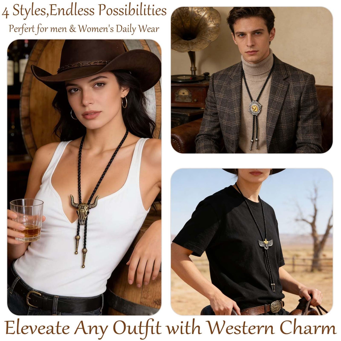 Daoofukeji 4Pcs Western Cowboy Bolo Tie for Men - Retro Engraved Alloy Pendant & Braided Leather Rope Necktie,Cowboy Ties Necklace Perfect for Daily Wear, Cosplay, Party, and Holiday Gifts