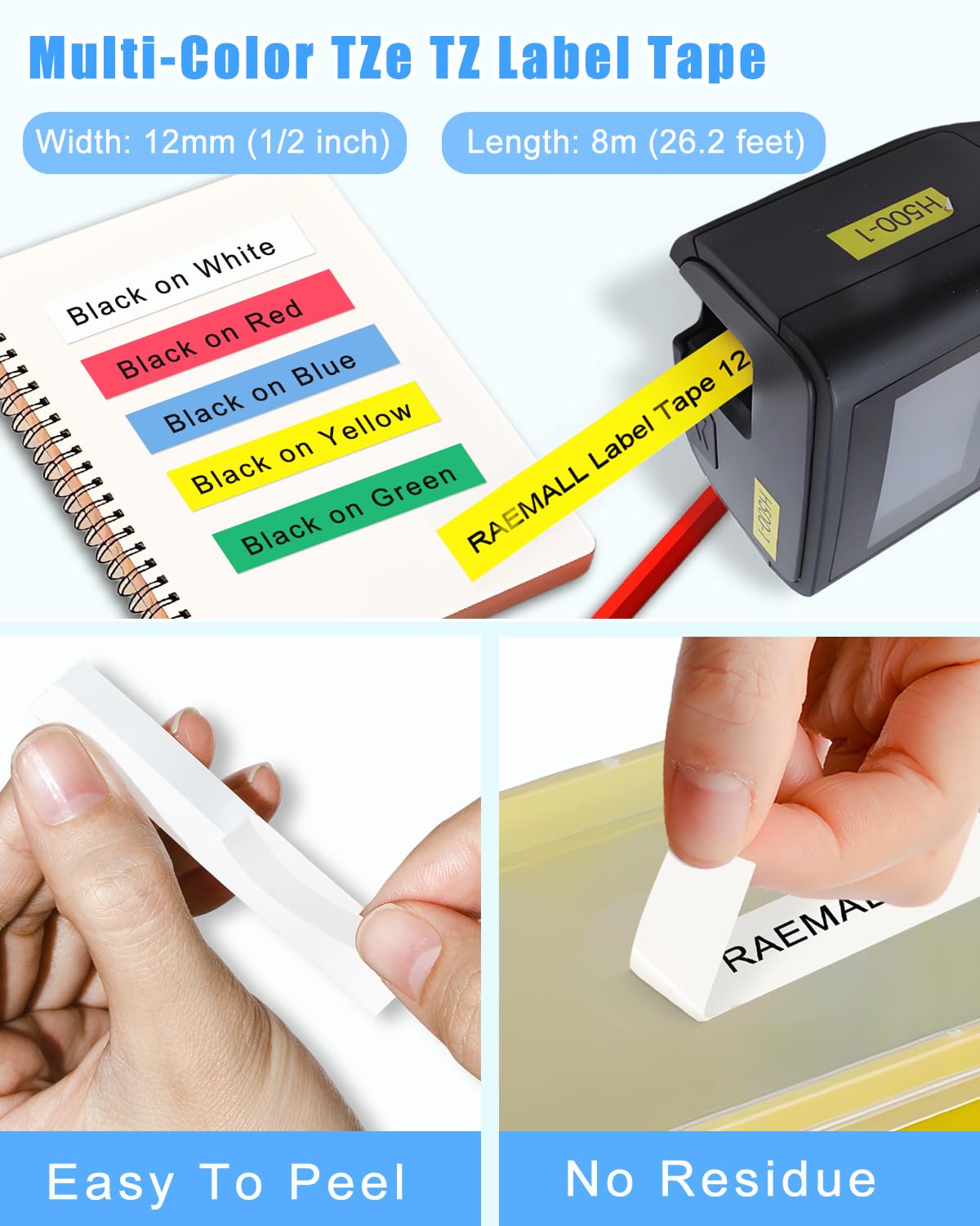 5-Pack Label Maker Tape Replace for Brother TZe TZ Tape 12mm 0.47 Laminated Colored White/Red/Blue/Yellow/Green Compatibel with Brother P Touch Label Maker PTH110 PTD220 PTD210 PT-D410
