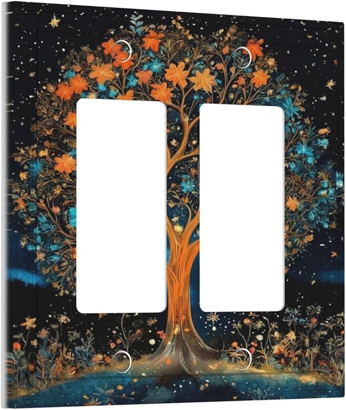 Magical Life Tree in Night Sky Dual Outlet Covers Wall Plate 2 Gang Rocker Decora Decorative Switchplate Electrical Faceplate GFCI Light Switch Covers for Farmhouse Living Decor
