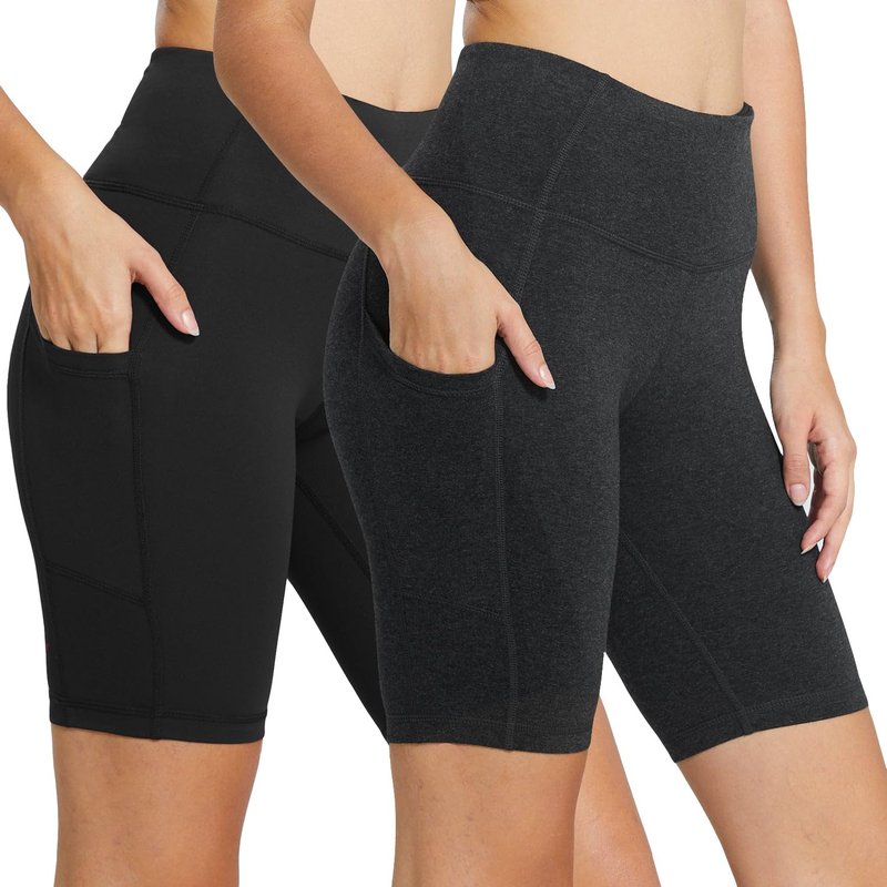 baleaf Biker Shorts Women Yoga Gym Workout Spandex Running Volleyball Tummy Control Compression with Pockets 8" 2-Pack Black/Charcoal XS