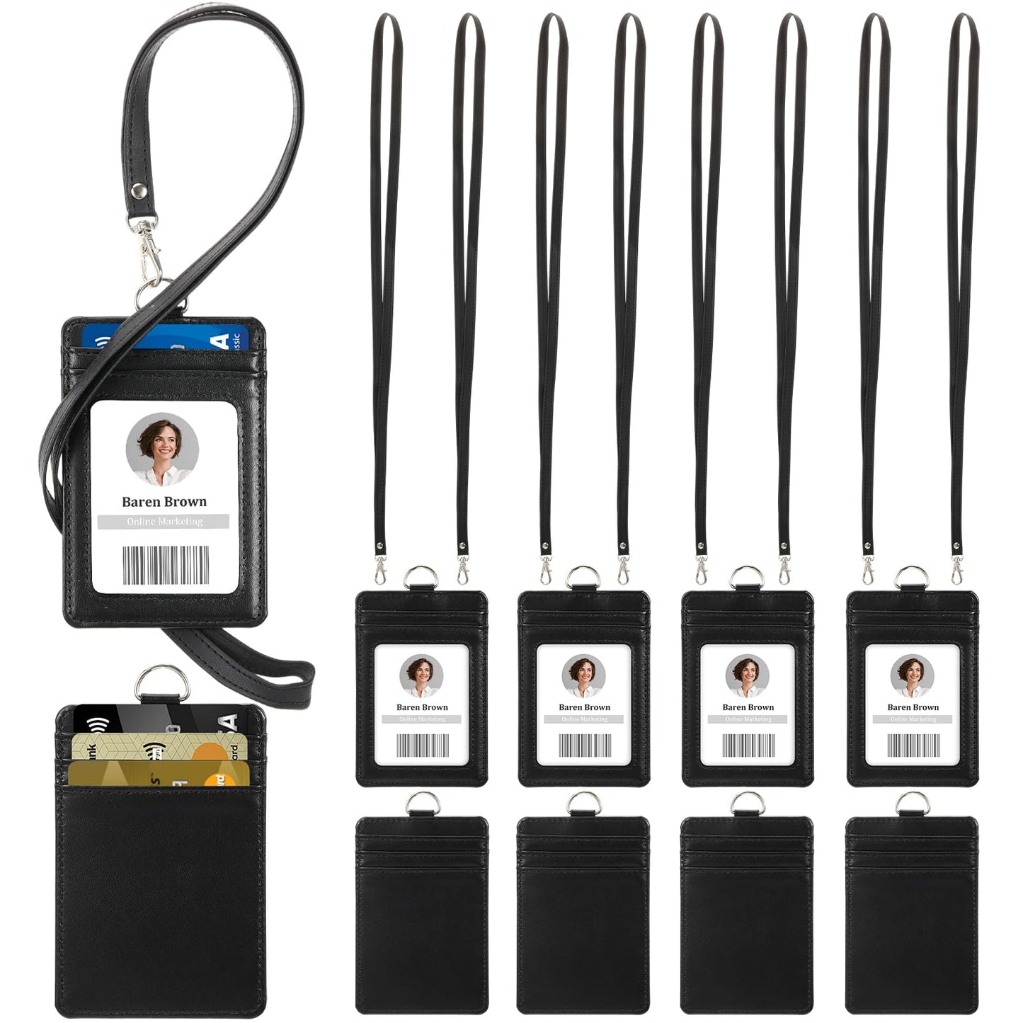 Lerheedi 8 Pack Graduation PU Leather ID Badge Holder, with 1 Clear Window, 5 Credit Card Slots and Lanyard Strap(Black)