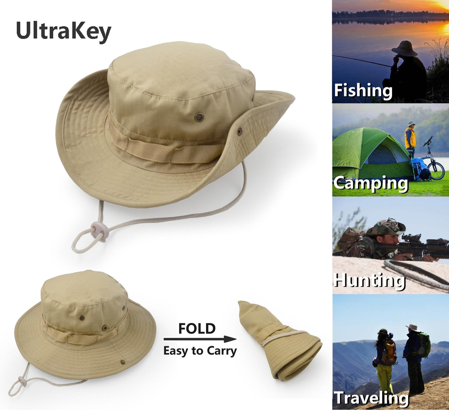 Outdoor Wide Brim Sun Protect Hat, Classic US Combat Army Style Bush Jungle Sun Cap for Fishing Hunting Camping Khaki 6