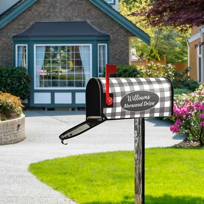 Kcldeci Custom Address Mailbox Covers Magnetic - Personalized Mailbox Magnet Decor Black Plaid Standard Size 21x18