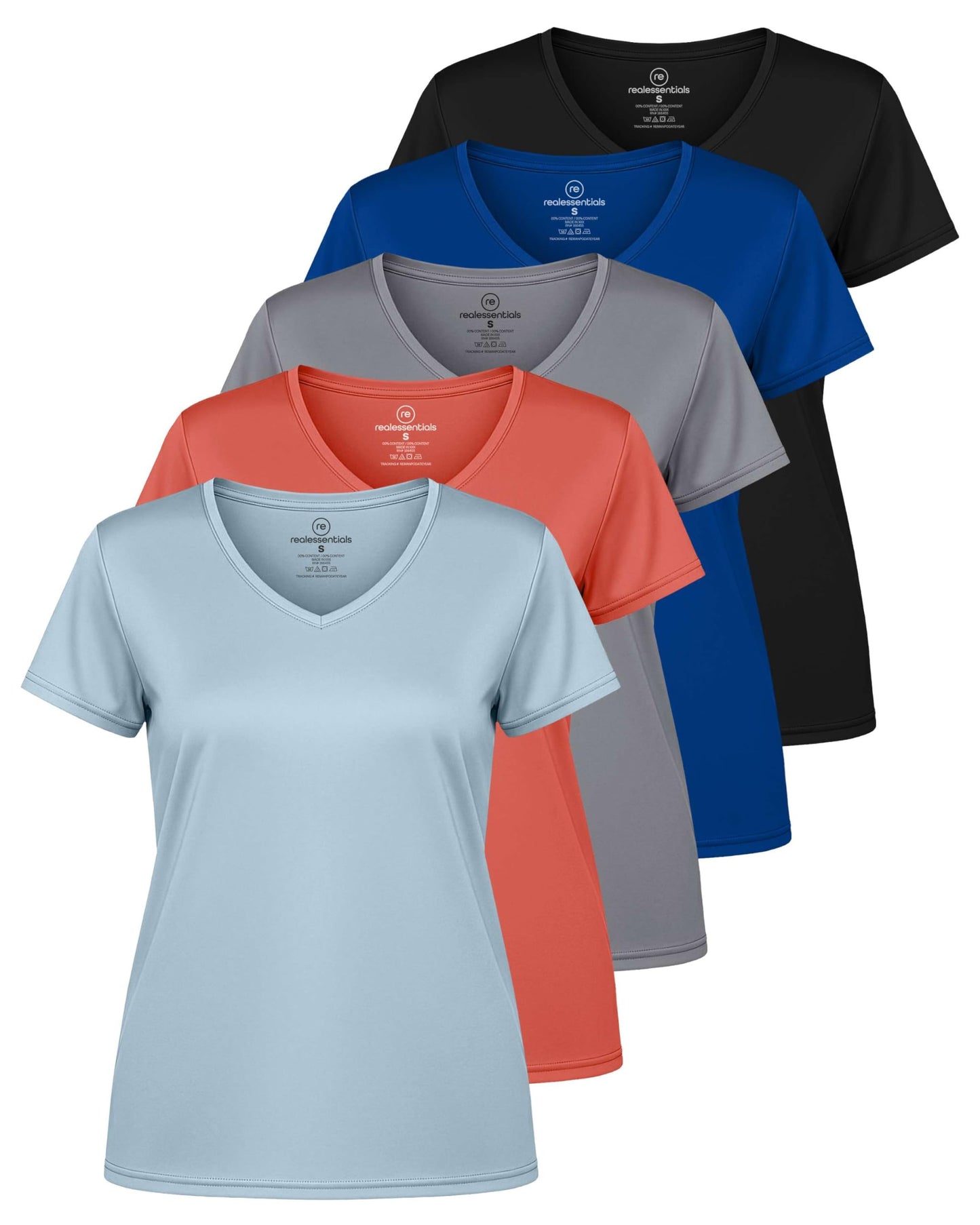 Real Essentials 5 Pack: Women's Dry-Fit Short Sleeve V Neck T Shirt Workout Fitness Yoga Top Tee (Available in Plus Size), Set 10, 3X