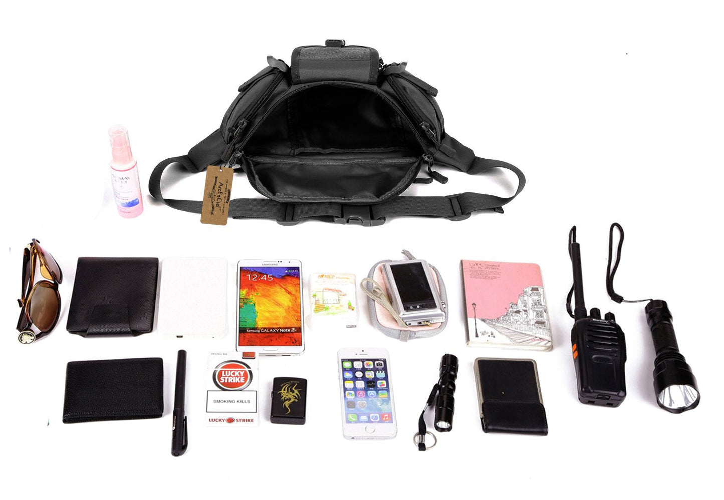 ArcEnCiel Tactical Fanny Pack for Men Women Waist Bag Hip Belt Outdoor Hiking Fishing Bumbag with Patch (Black)