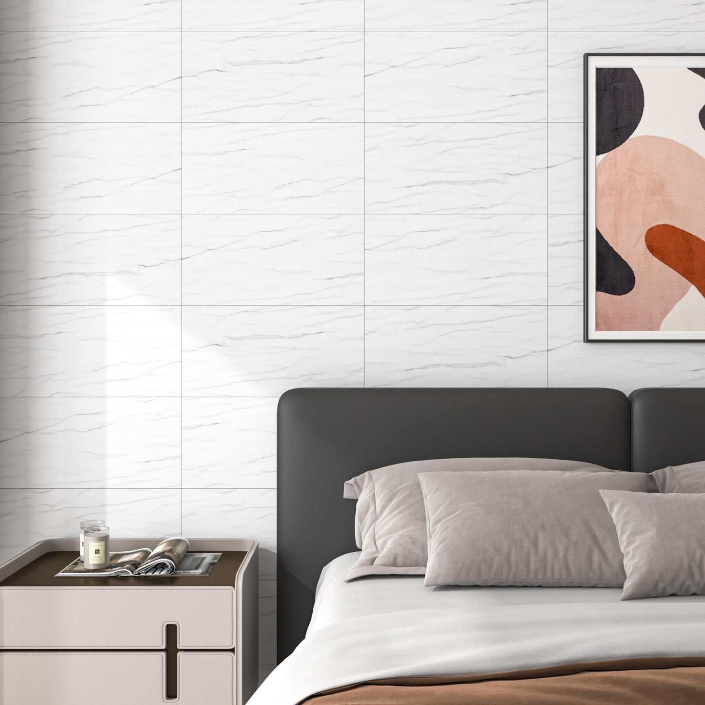 FunStick 12"x24" 15 Pcs White Marble Vinyl Flooring Peel and Stick Floor Tile Waterproof Removable Peel and Stick Flooring for Bathroom Stick on Floor Tiles for Kitchen Bedroom Laminate Sheets Walls