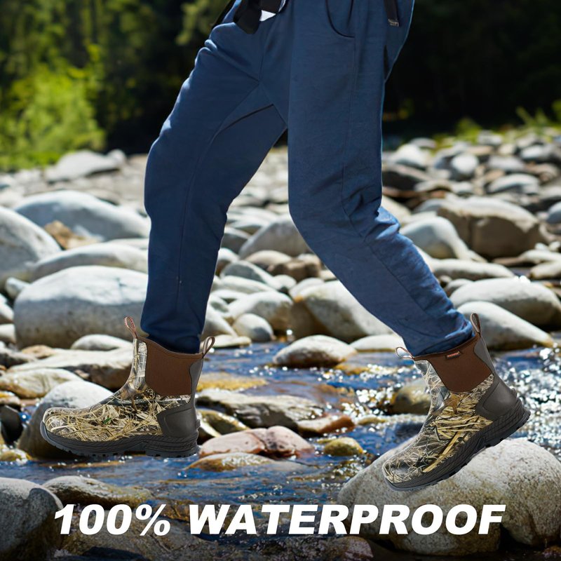 Showave Men's Rain Boots Waterproof Excursion Rubber Boots Insulated Mud Booties for Trekking Gardening Farming Camping Fishing and Chore Work (Camo, Size 8)