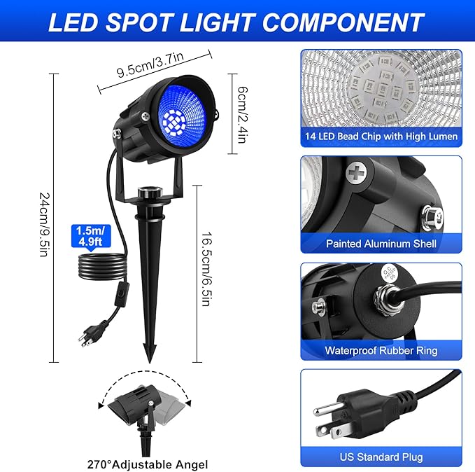 Blue Landscape Lights Outdoor, 14 LED Landscape Lighting with US Plug, IP65 Waterproof Spotlights for Tree Yard Garden Pathway Halloween Christmas Decor 2 Pack