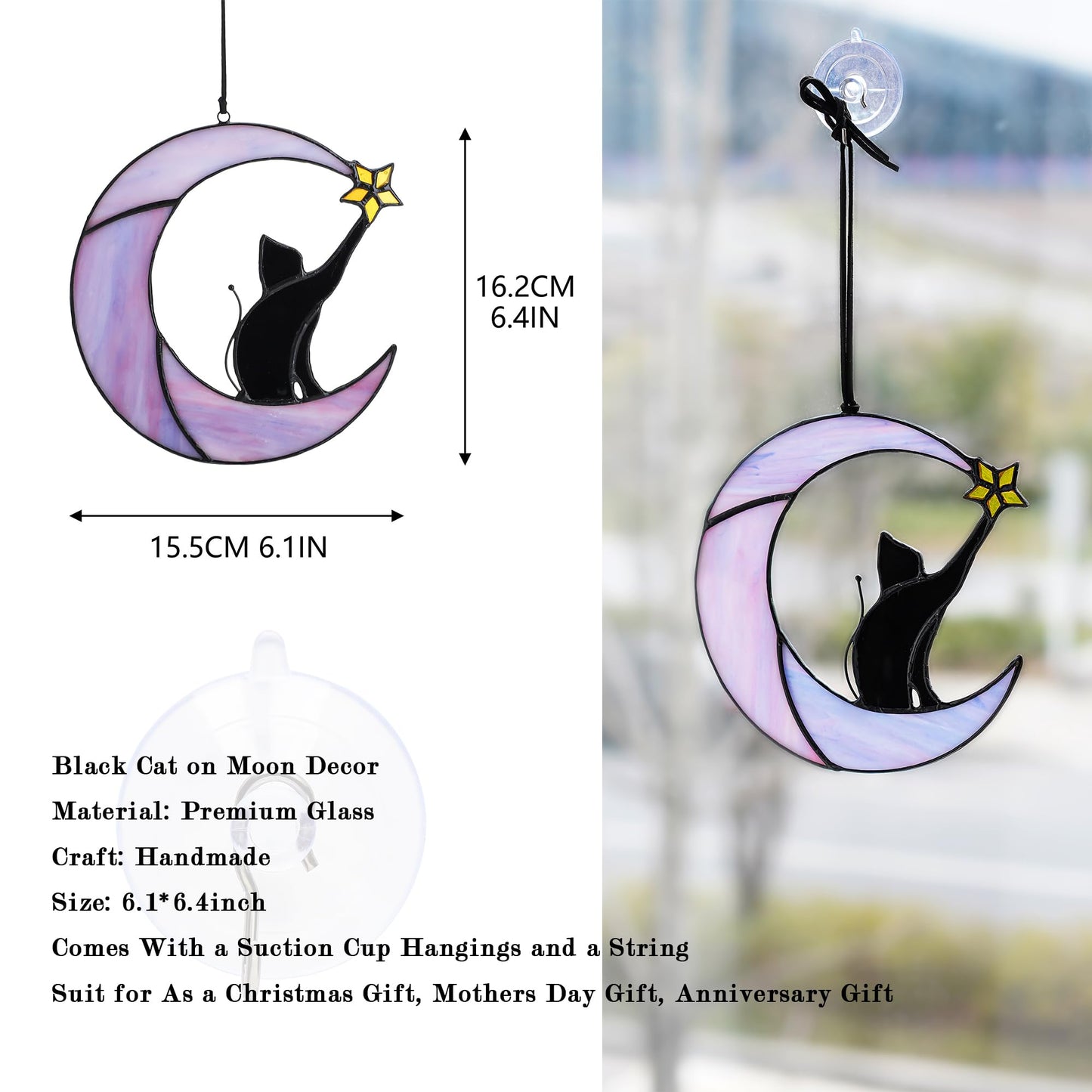 HDCRYSTALGIFTS 6.5'' Black Cat Decor on Purple Moon Stained Glass Window Hanging Suncatcher,Wall Art Glass Window Panel Sun Catcher,Halloween Decoration Memorial Gift for Lover Cat Loss