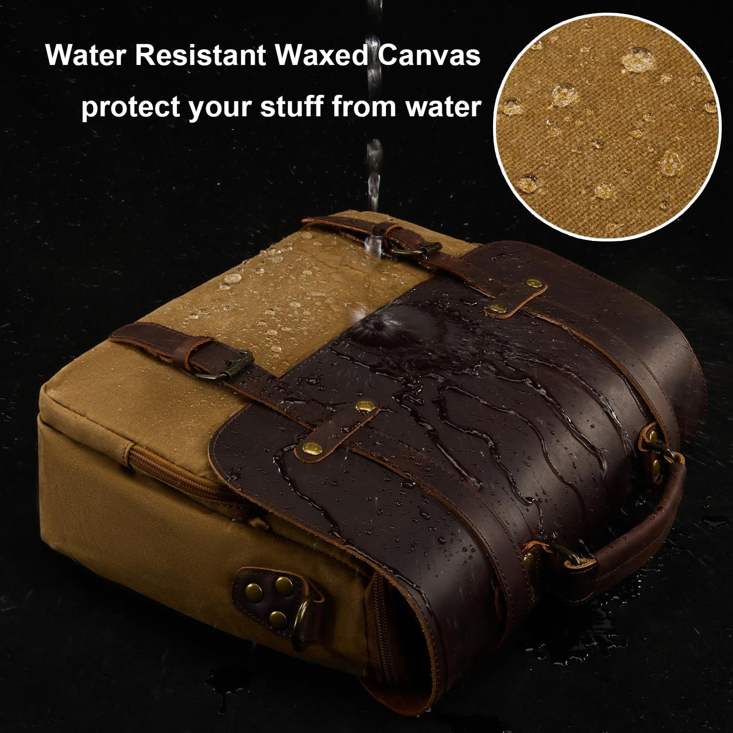 Men's Messenger Bag Waxed Canvas Briefcase 16 Inch Vintage Genuine Leather Computer Laptop Bags Waterproof Satchel Shoulder Bag for Work/Business/Office