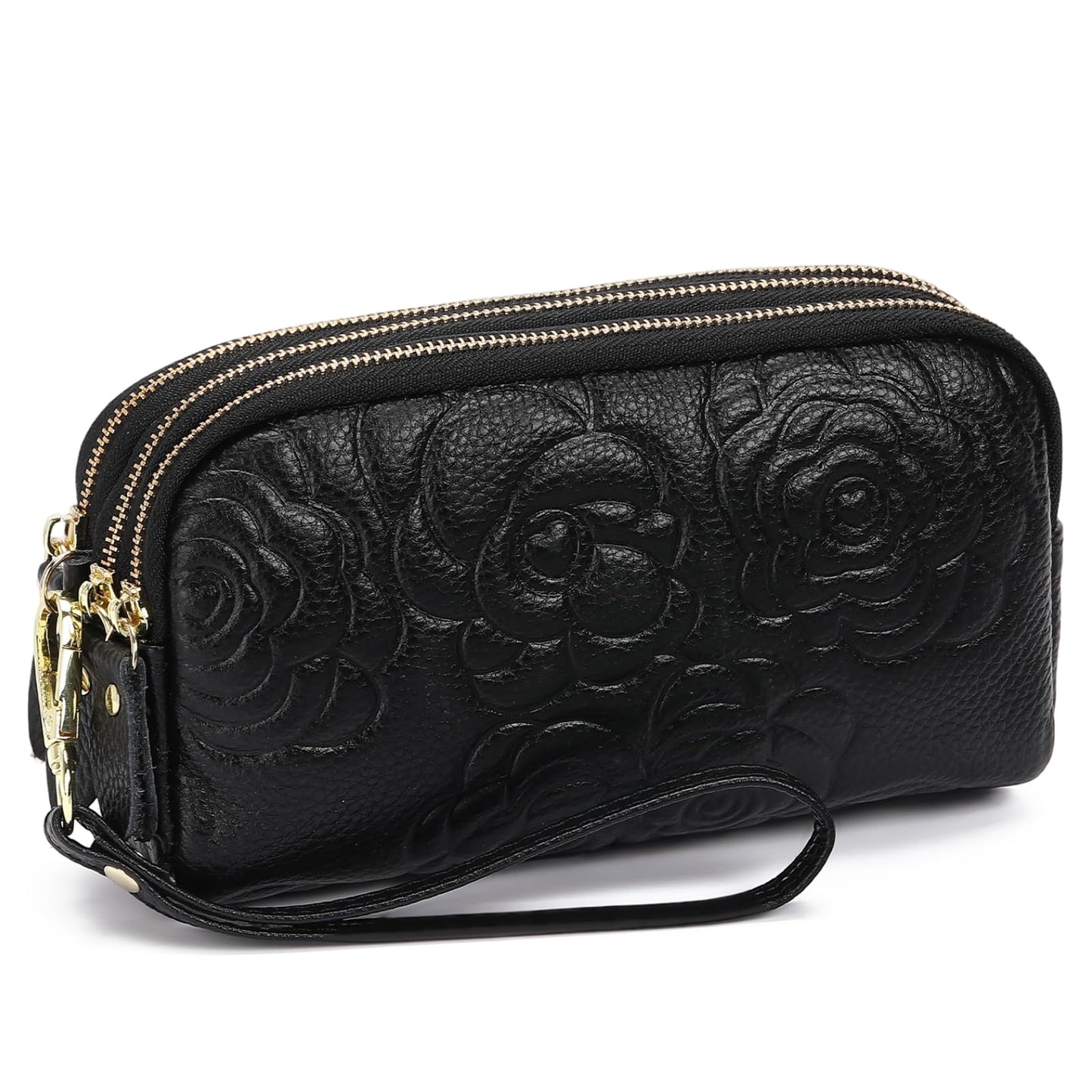 GOIACII Wristlet Wallets for Women Leather Womens Wallet Large Capacity Clutch Purse Handbags 3 Zippers with Strap Black