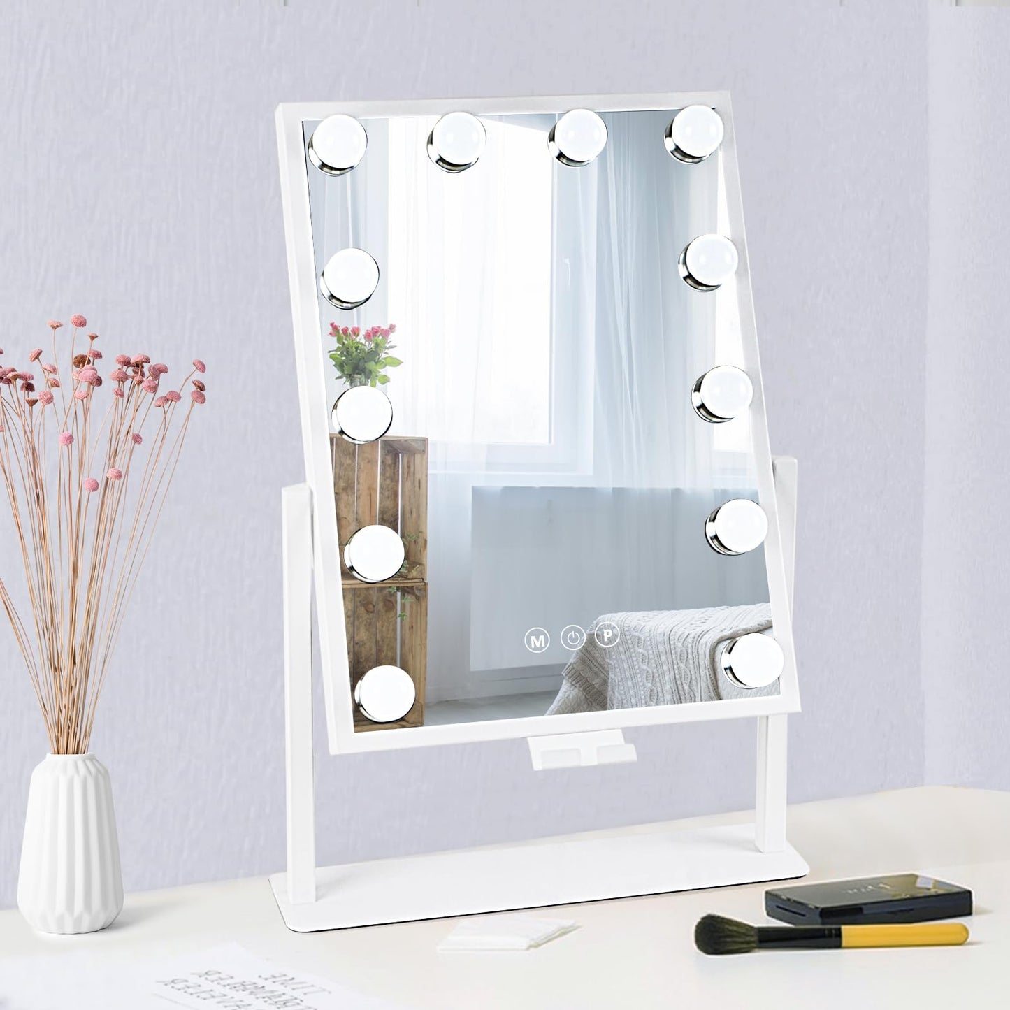 Lighted Makeup Mirror Hollywood Mirror Vanity Mirror with Lights, Touch Control Design 3 Colors Dimable LED Bulbs, Detachable 10X Magnification, 360°Rotation, (White) 12" L x 14" W