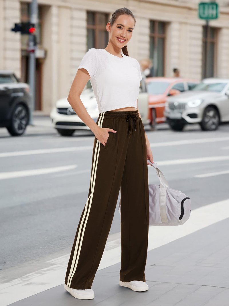 Tapata Long Womens 32" Inseam Track Pants Relaxed Fit Striped Workout Sweatpants Baggy Trousers with Zipper Pockets, Brown, L