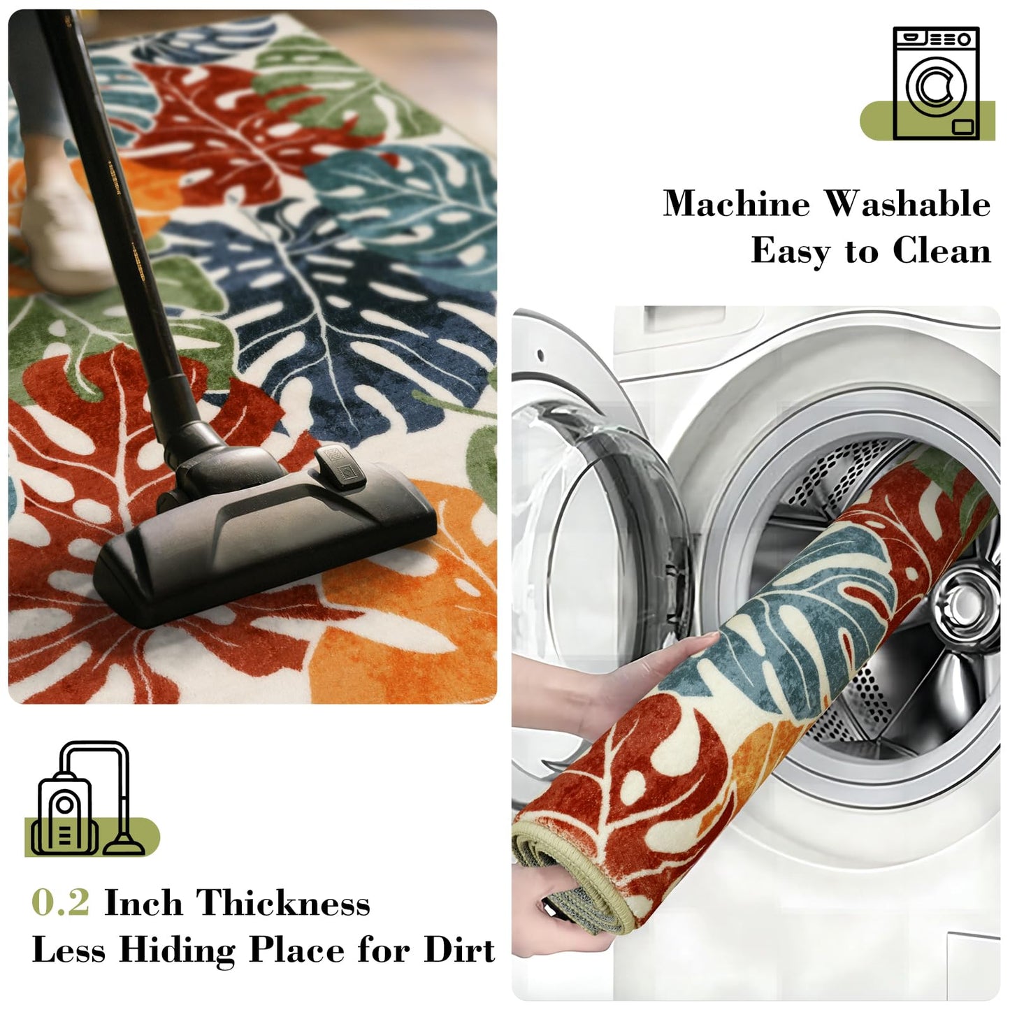 Wonnitar Tropical Washable Runner Rug 2x6, Non-Slip Colorful Leaf Runner Rugs for Kitchen, Low Pile Coastal Soft Bathroom Carpet Floor Throw Mat for Laundry Room Entrance Hallway