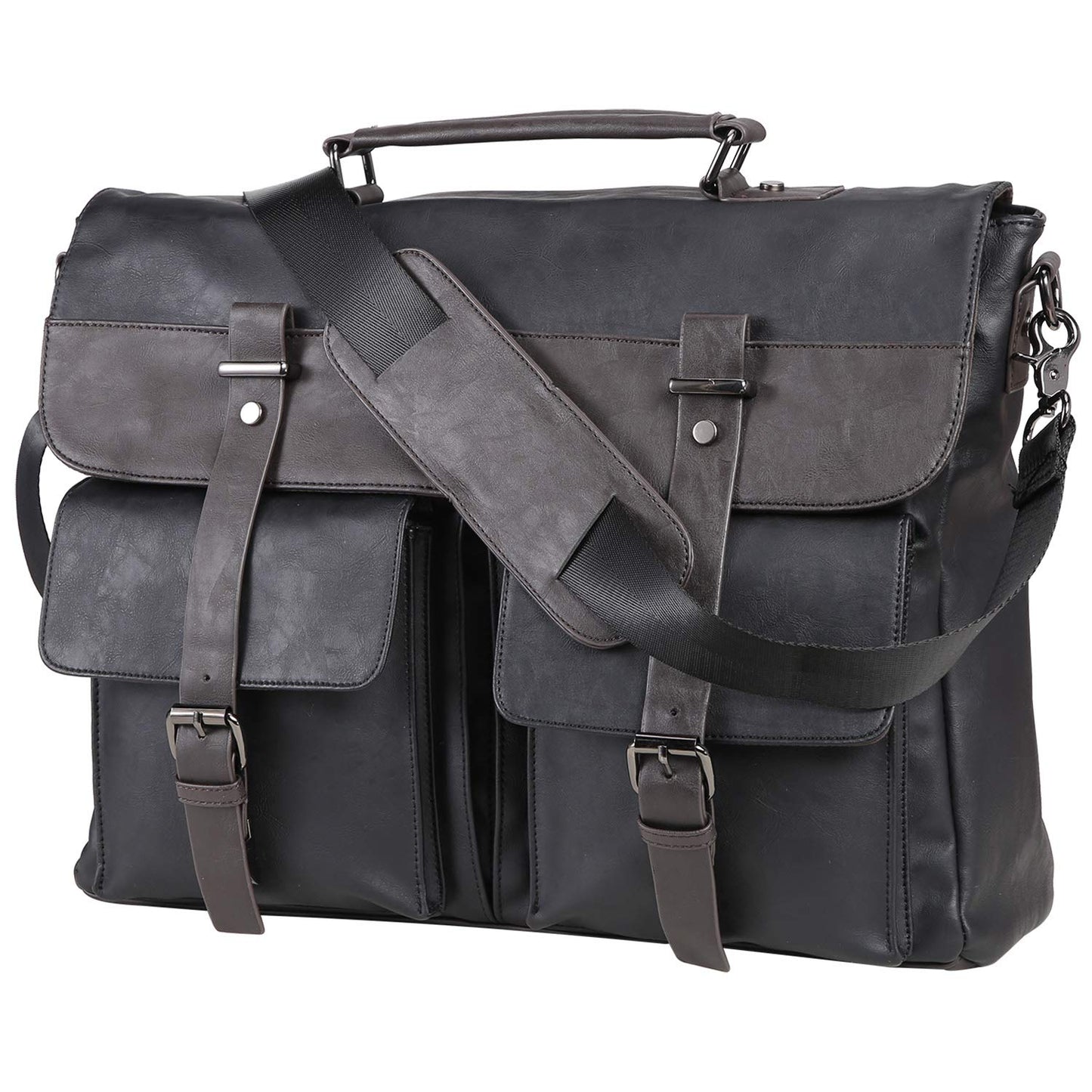 seyfocnia Men's Vintage Black 17.3 Inch Water Resistant PU Leather Laptop Bag, Messenger Bag, Satchel, Briefcase
