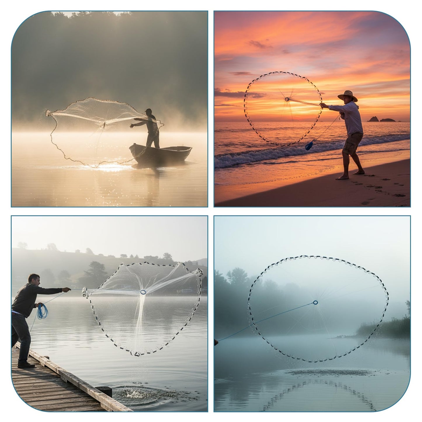 Handmade American Cast Net, Yeahmart Casting Fishing Net for Bait Trap Fish, Throw Nets with Zinc Sinker Weights Fishing Bucket for Freshwater & Salt Water (4 Ft, 1/2 Inch Mesh Size)