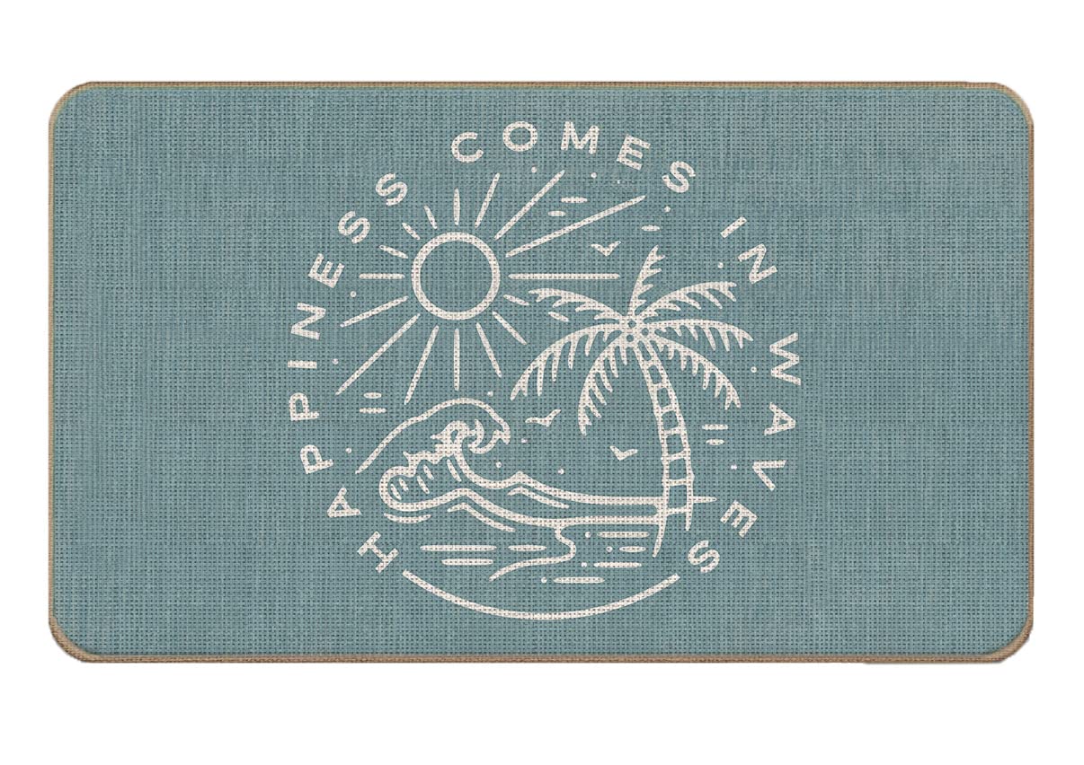 Lacosu Summer Beach House Happiness Comes in Waves Blue Rustic Door Mat Doormat,17"X30" Decorative Coastal House Indoor Outdoor Entry Welcome Door Mat,Ocean Beach Gifts