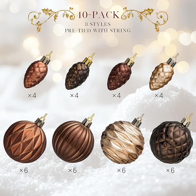 JORNOY Brown Christmas Tree Ornaments - 2.36inch/60mm Shatterproof Ornaments for Christmas Tree Set, Plastic Decorative Hanging Balls Ornaments for Xmas Tree Decorations, 40ct (Brown)