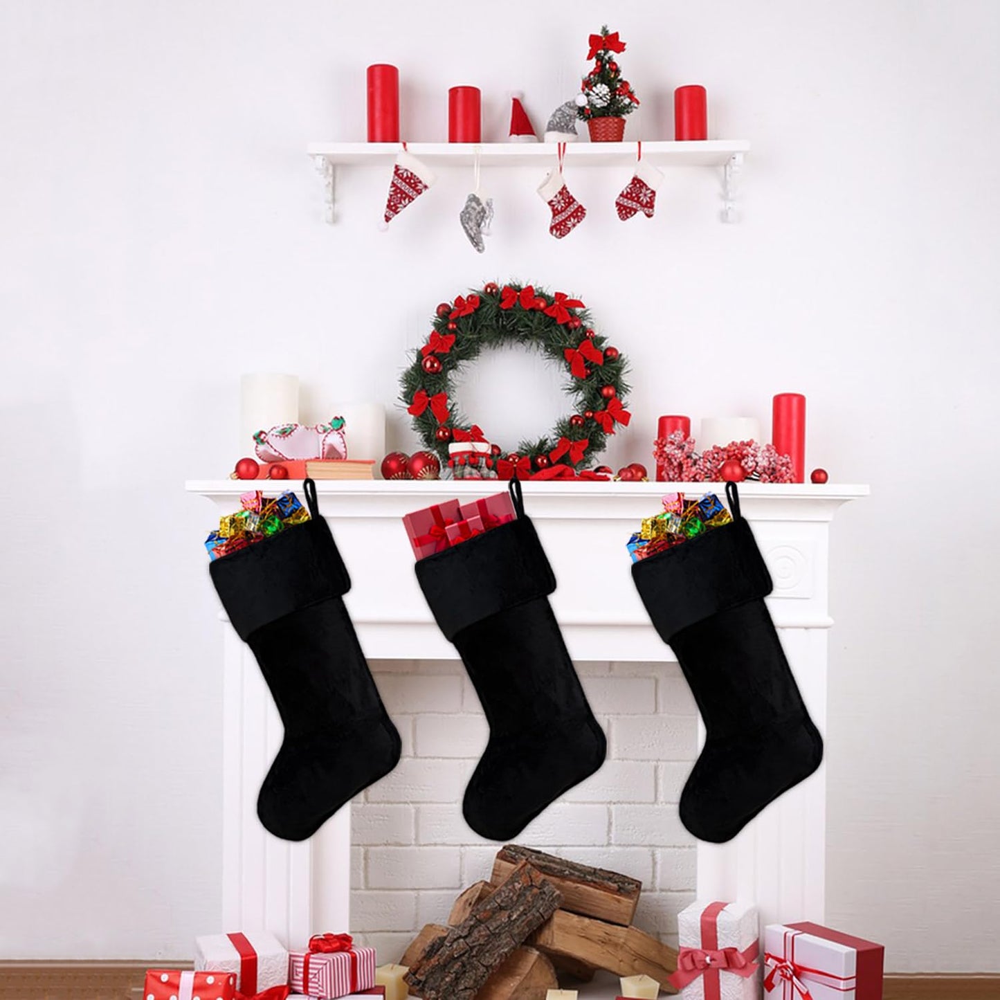 APAEAT 20 Inch Christmas Stocking Black Classic Personalized Christmas Stockings Soft Fireplace Hanging Stockings Large Faux Fur Xmas Stocking for New Year Holiday Party Decorations