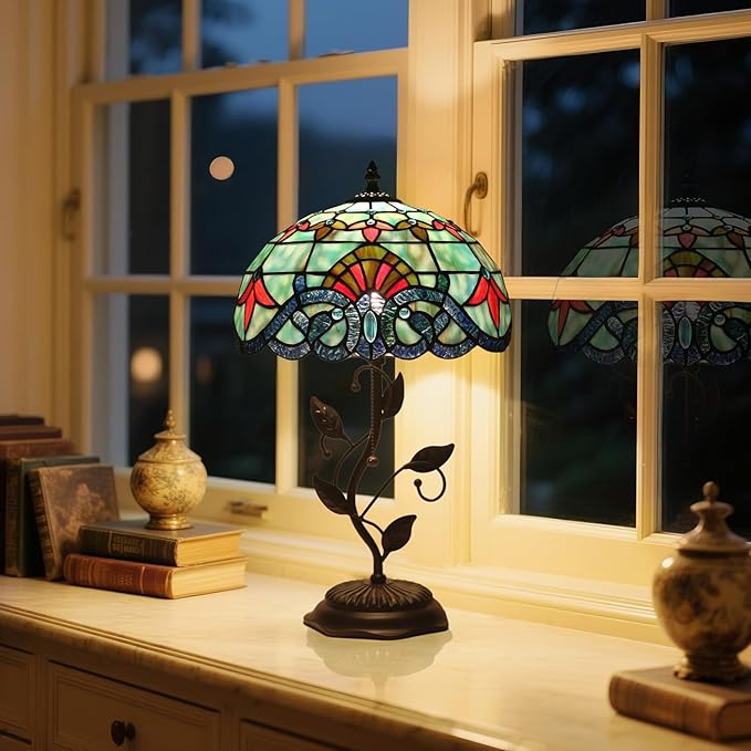 Tiffany Style Table Lamp Handmade Stained Glass Bedside Lamp 12x12x20 inch Metal Leaf Base,Art Glass Lamp for Living Room, Bedroom, Office Decor(Baroque)