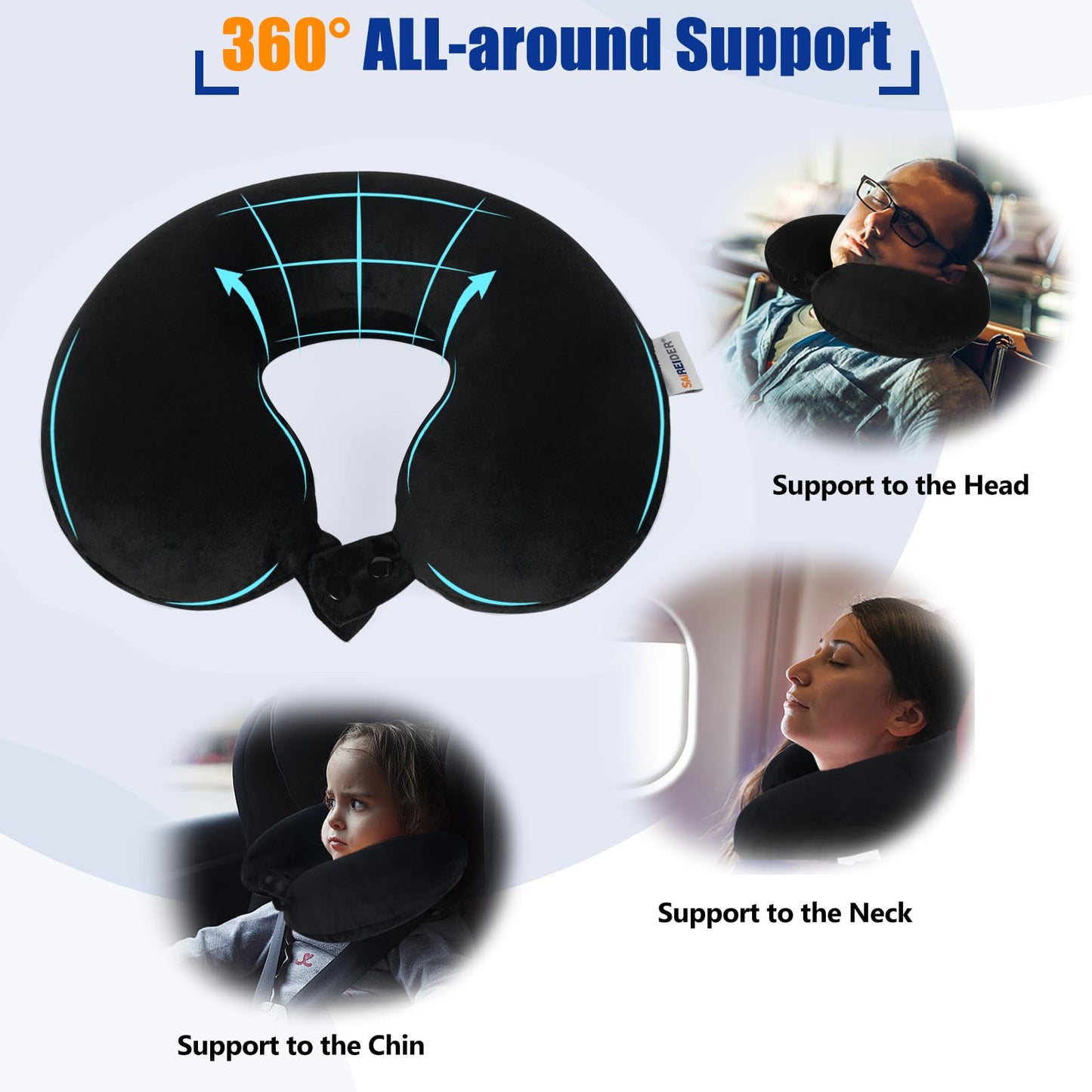 SAIREIDER Neck Pillows for Travel-Head Neck Support Travel Pillow for Traveling, Car, Home, Office Adjustable(Navy Blue)