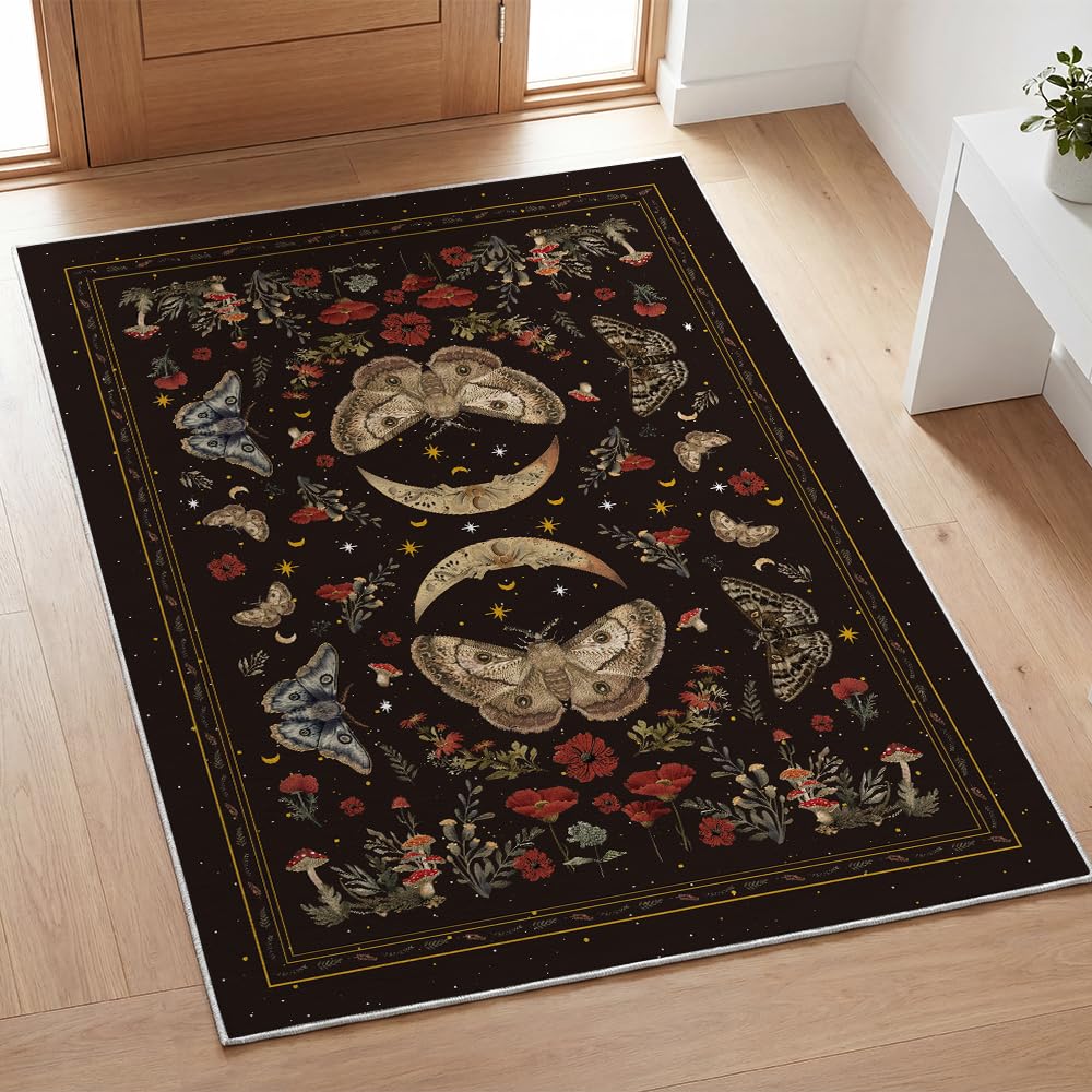 Artoid Mode Black Poppy Moth Mushroom Moon Area Rug, Fall Home Decor Low-Profile Washable Large Rug for Living Room Bedroom Farmhouse Dining Room Kids Playroom 5x7 Feet