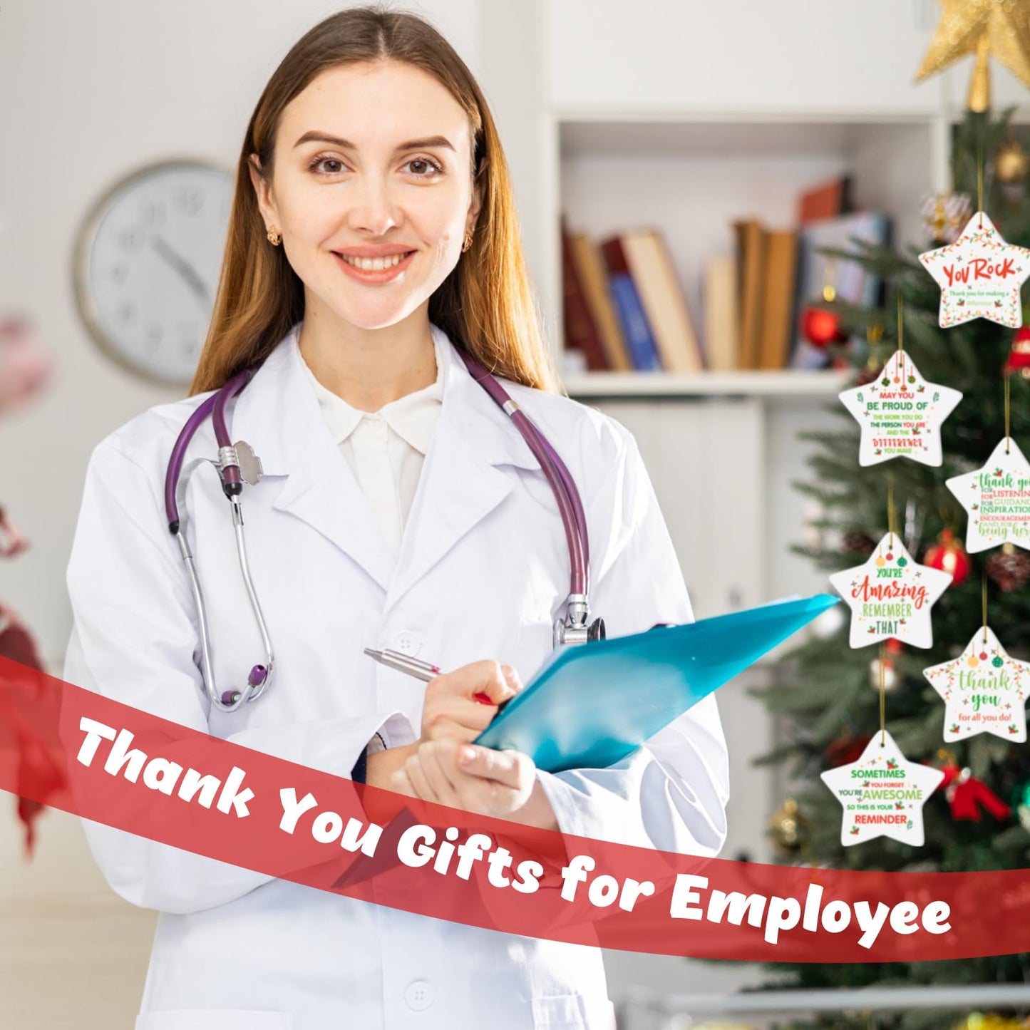 Tioncy 10 Pcs Christmas Thank You Ornament Gifts for Coworkers Employee Appreciation Gifts Thank You for Being Awesome Star Hanging Plaque for Teacher Friend Office Xmas Tree Decoration (Ceramic)