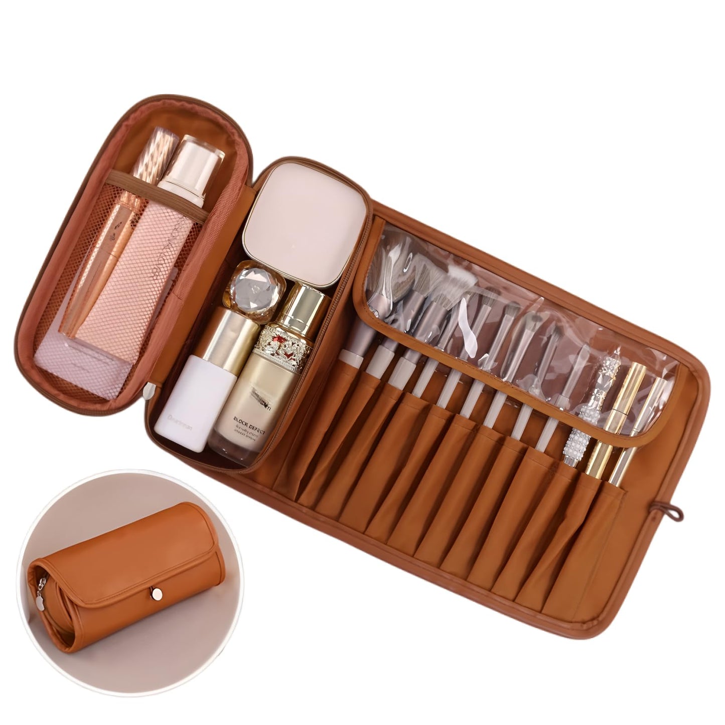 Luxury Leather Makeup Brush Case, Professional Cosmetic Organizer Roll Bag, Travel Storage for Home and Work (brown)