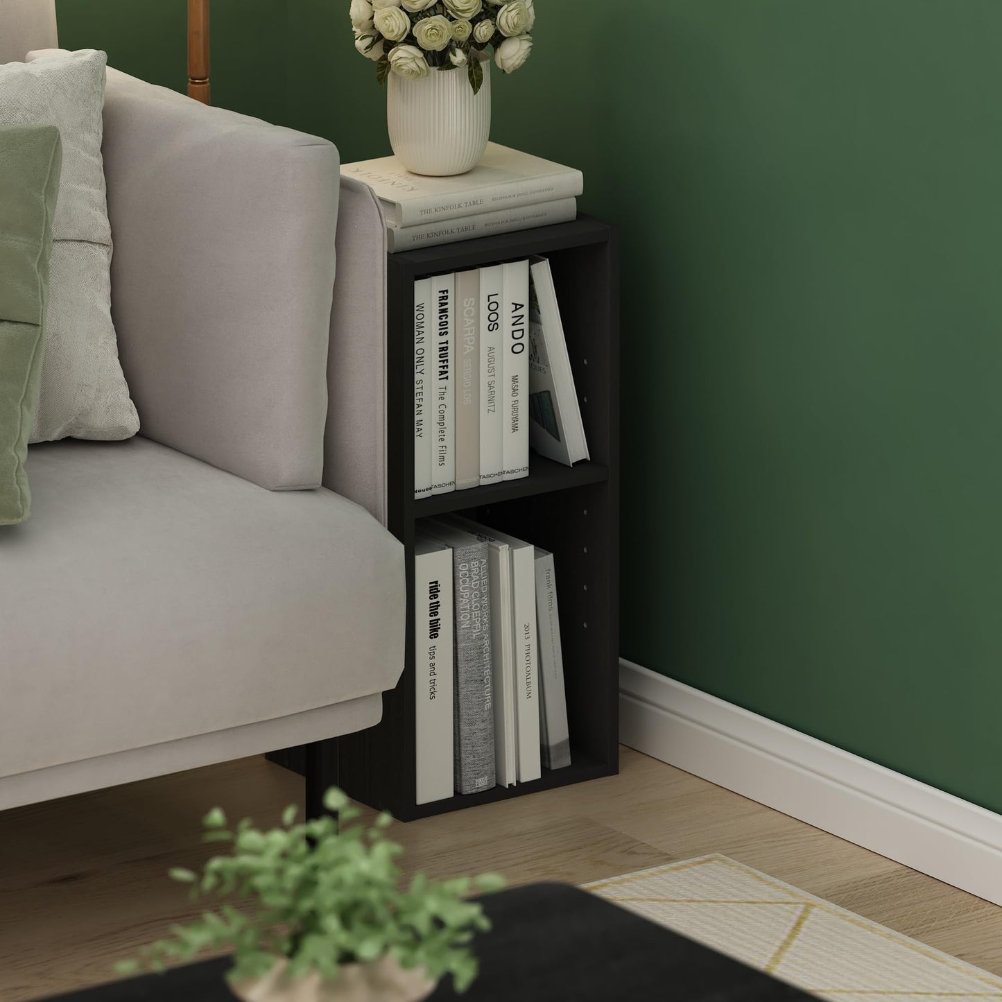 Furinno Fulda Book Shelf, 2-Tier Narrow Bookshelf, Bookcase with 10-in Width Storage Shelf, 9.3 x 9.8 x 21.2, for Living Room, Bedroom, Home Office, Darkwood