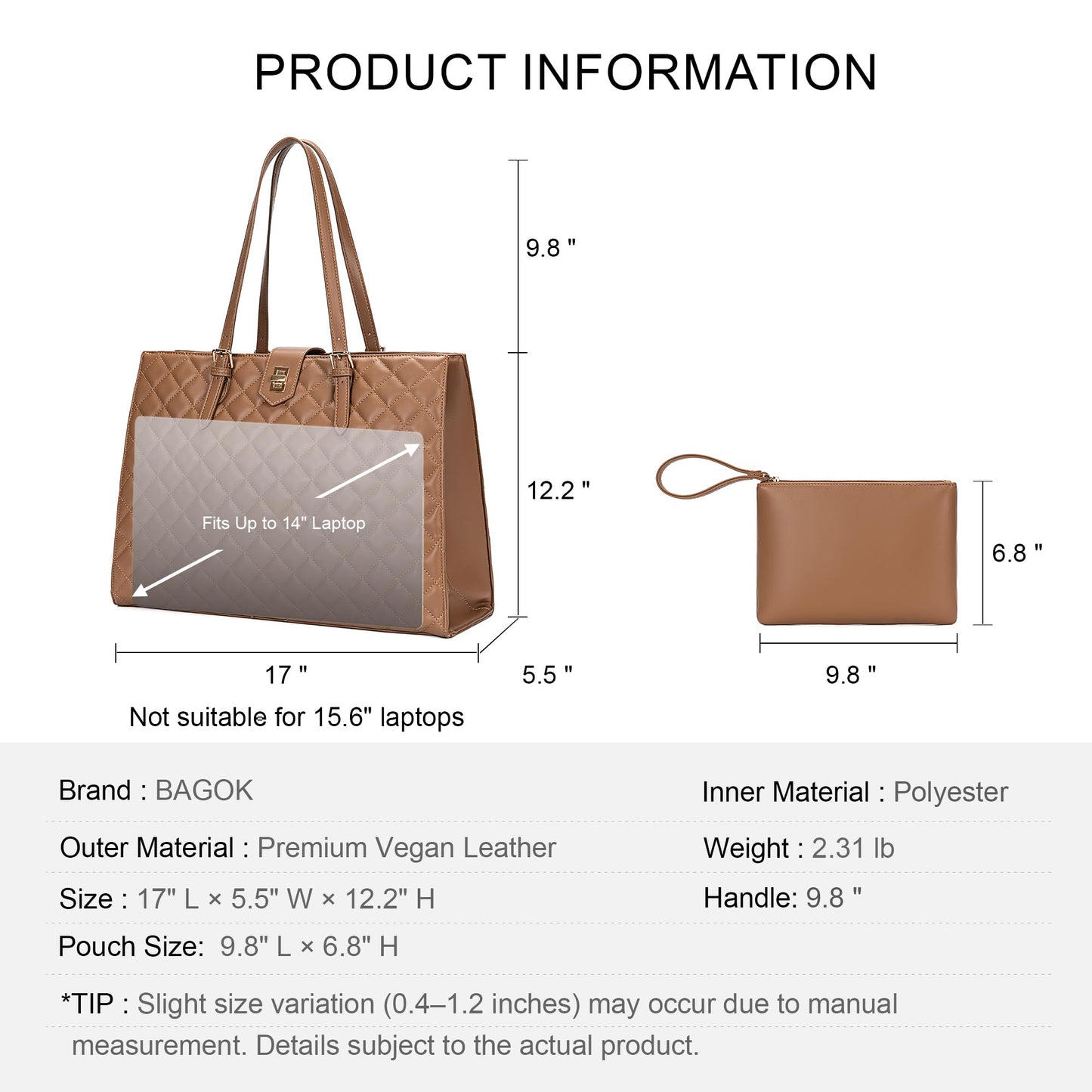 BAGOK Quilted Laptop Tote Bag for Women, Large Capacity Work Tote with Laptop Compartment & Multi Pockets, Fits 13-14" Laptop, Nurse & Teacher Work Bag for Office, Business & Daily Use（Brown）