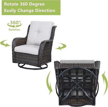 Rilyson Wicker Rocking Chair Swivel Chairs - 3 Piece Rocker Patio Furniture Set Rattan Rocking Bistro Sets with Glass Top Side Table for Outdoor Porch Deck Garden Backyard (Brown/Beige)