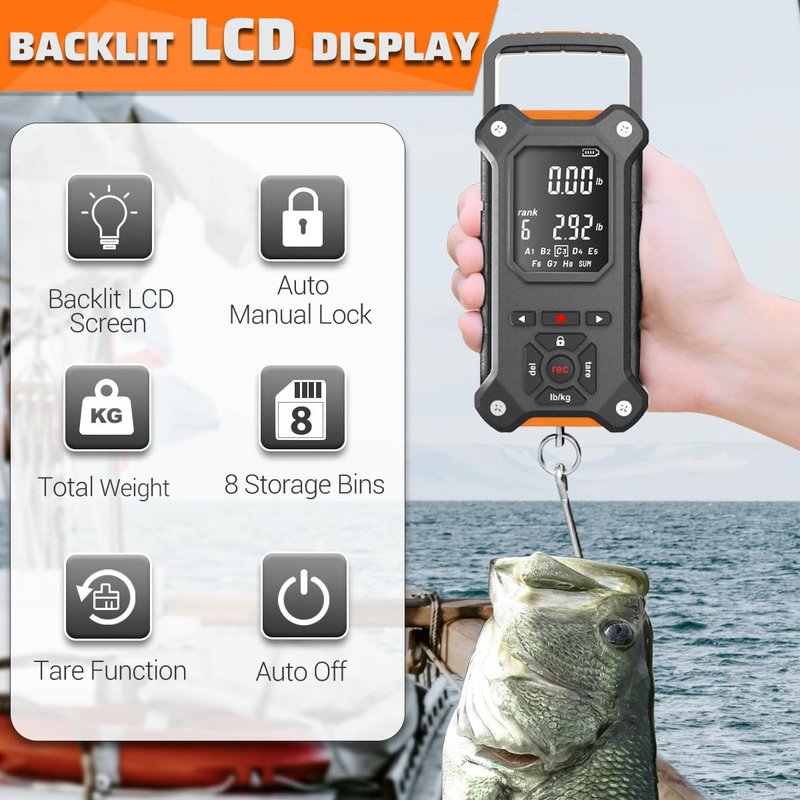 SNAIL TRAIL 8 Storage Bins Digital Fishing Scale & Lip Gripper with Auto-Rank, Large & High Contrast Backlit LCD Display, Multi-Mode(LB, LB-OZ, KG), 50 lbs Tournament Bass Fish Weigher, Gift for Men