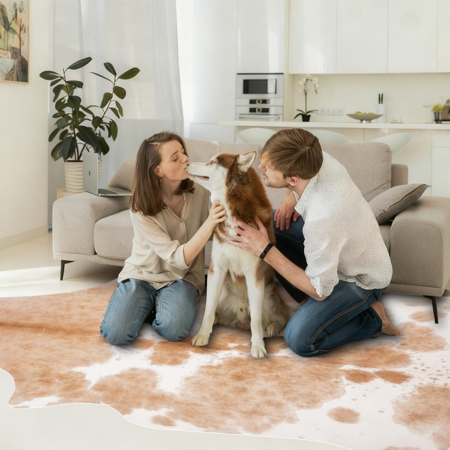 Cowhide Rug Cow Print 6.2x7.6 Feet Cow Hide Rug for Living Room Bedroom Dining Room Home Office Brown Animal Print Carpet for Home Decor