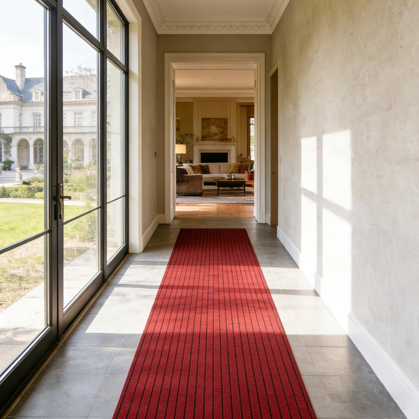 Stripe Runner Rug 2 x 6 ft Indoor Outdoor, Burgundy Non Slip Rubber Backing, Waterproof Low Profile Area Runner for Hallway, Entryway, Kitchen, Patio, Garage, Stairs & Laundry