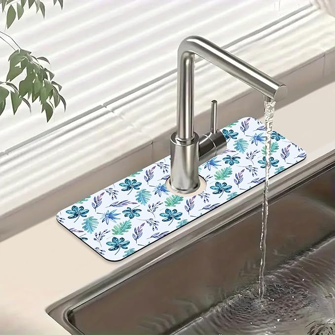 Watercolor Leaves Sink Splash Guard Faucet Mat Tropical Leaves Super Absorbent