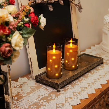 Homemory Flameless Candles with Embedded Star String Fairy Lights, Battery Operated Candles, LED Candle, Fake Candles with Remote Control and Timer, Grey, Set of 2(H 6" 6")