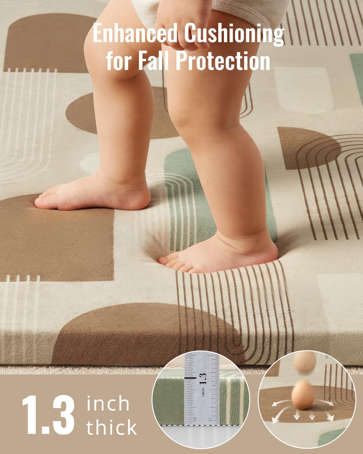 Blissful Diary 1.3" Thick Baby Play Mat, 50x50 Playpen Mat with Removable & Washable Cover, Ultra Soft Crawling Rug for Floor, Foam Cushion & Non-Slip Backing for Kids, Toddlers, Earth Tone Rainbow