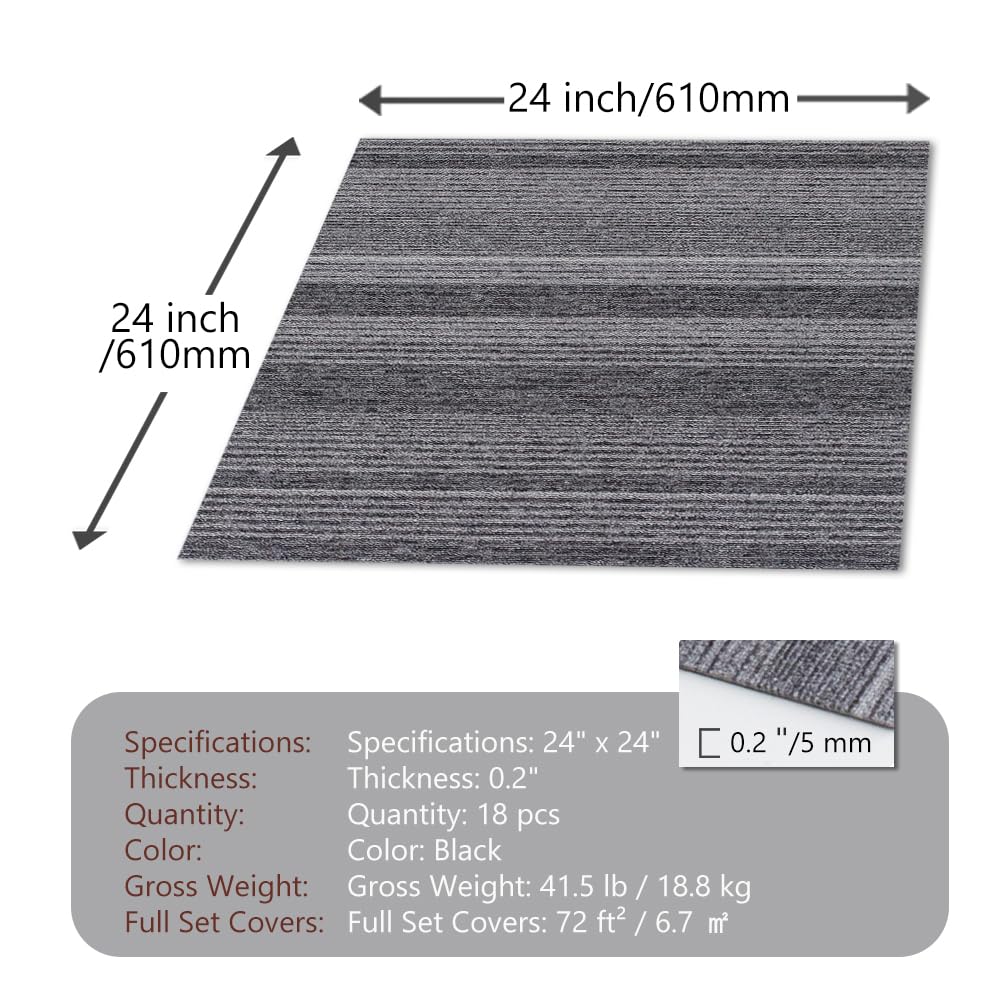SUWUYUE Commercial Carpet Tiles 24"x 24" Reusable Squares, 18 Tiles 72 Sqft Non-Slip Gray Stripe Pattern Loop Pile Seamless DIY Flooring for Office Business Residential Spaces