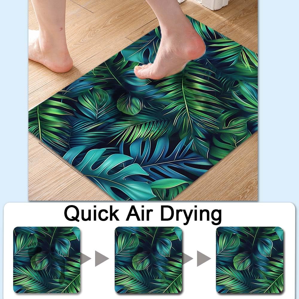 Bath Mat Rug,Green blue tropical leaves Non Slip Quick Dry Super Absorbent Thin Bathroom Rugs Fit Under Door-Easy to clean Bathroom Floor Mats-Shower Rug for Shower Sink Bathtub(16" x 24"In)