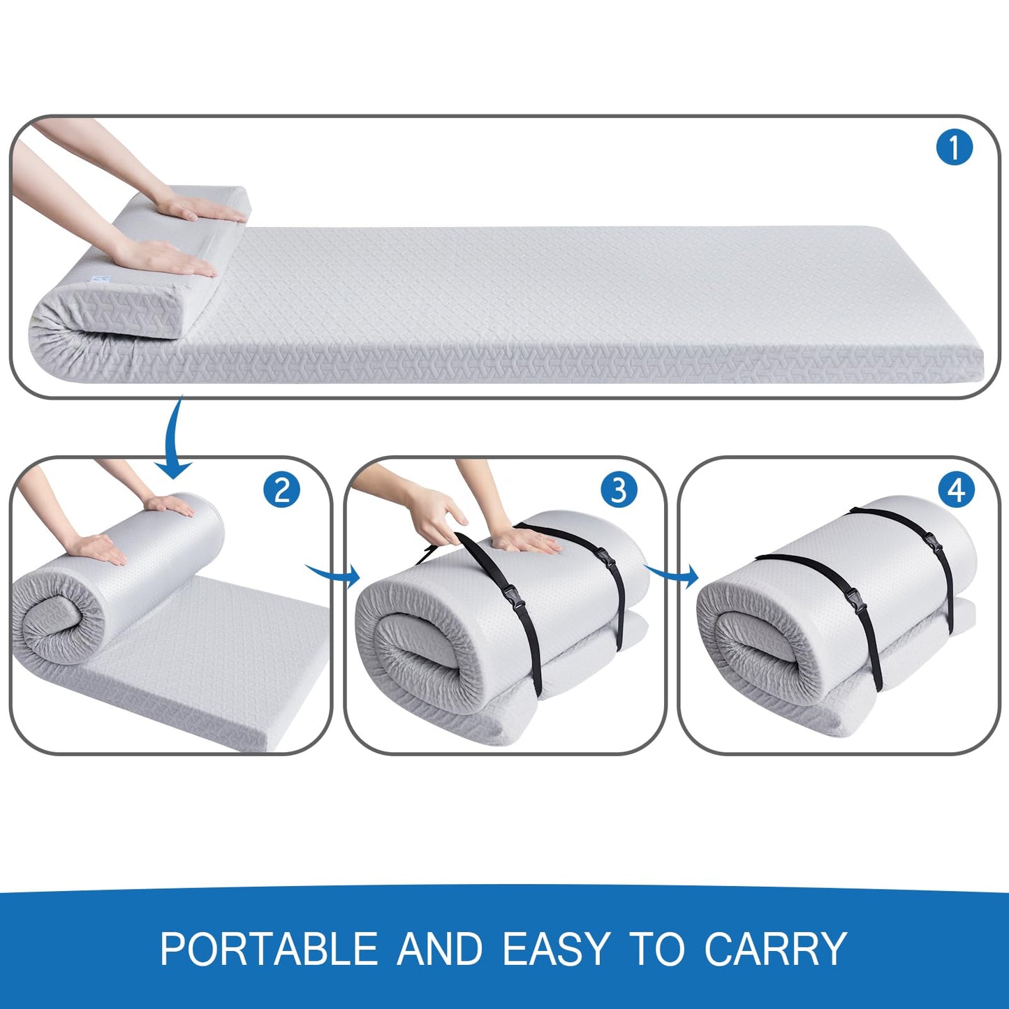 Memory Foam Camping Mattress Pad 3 Inch Thick, Soft Sleeping Pad with Waterproof Cover, Roll Up Cot Mattress Pad Topper for Travel Truck Bed Tent, Pad Only